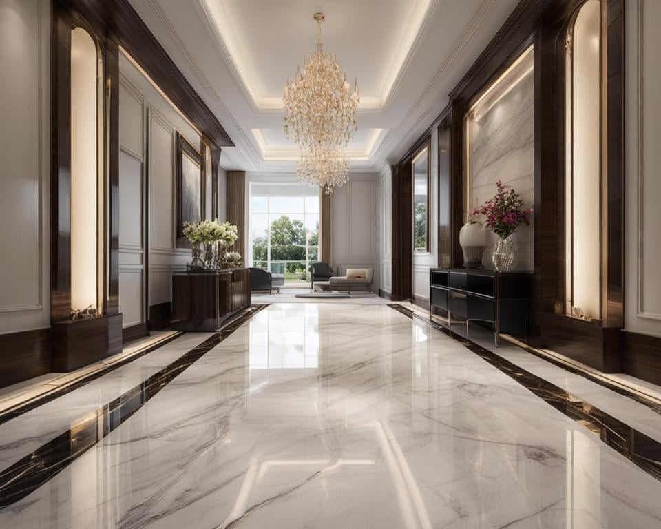 Luxurious modern foyer with marble flooring, dark wood paneling, crystal chandelier, and symmetrical brass-trimmed doorways